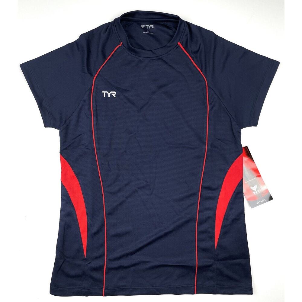 TYR Tech Apparel Short Sleeve Top Navy Blue Red Pullover Size S